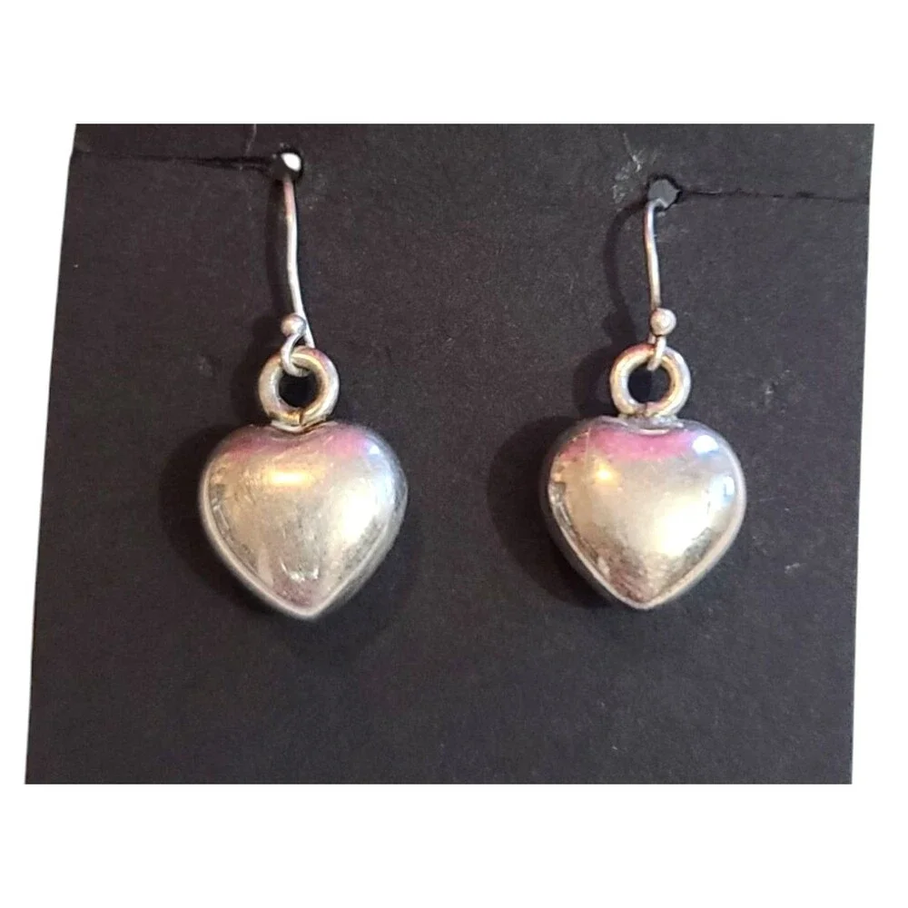 Vintage Sterling Silver 925 Heart Dangle Drop Earrings Silver Tone